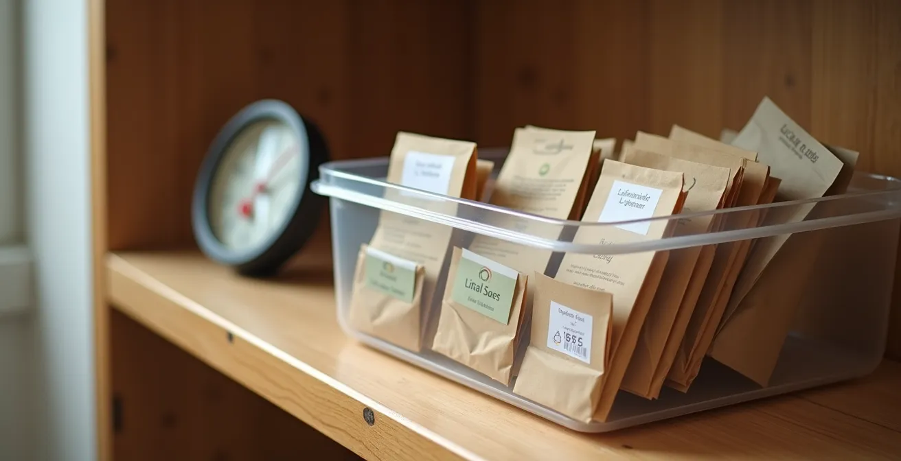 Caja hermética transparente con paquetes de gel de sílice y sobres de semillas organizados