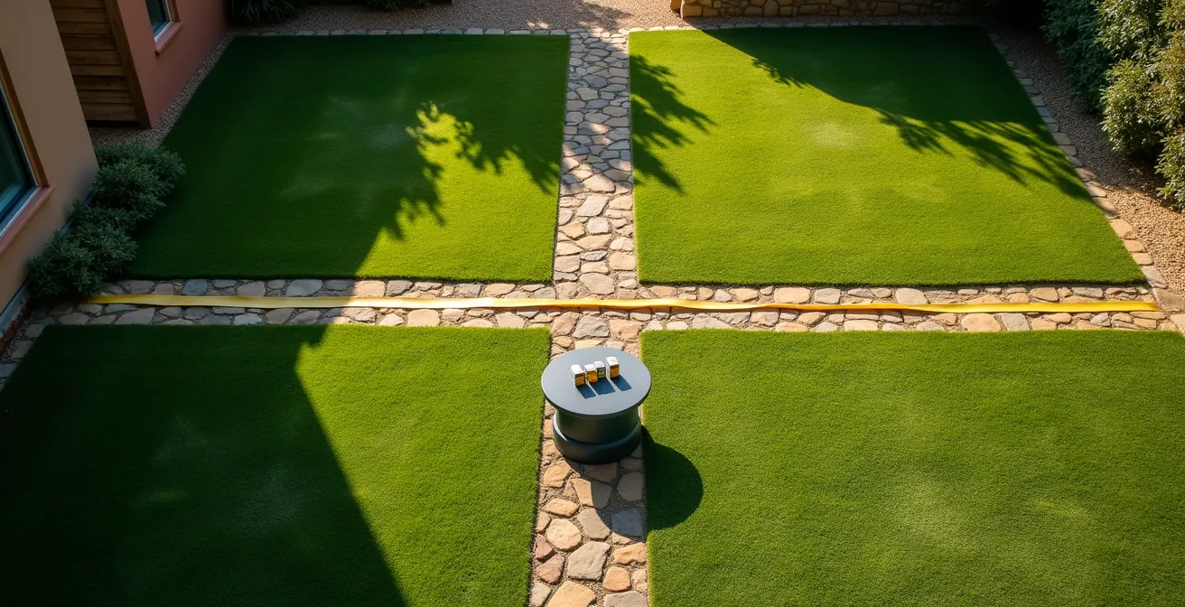 Vista aérea de jardín español con pendiente mostrando diferentes zonas de césped y cálculo visual de superficie