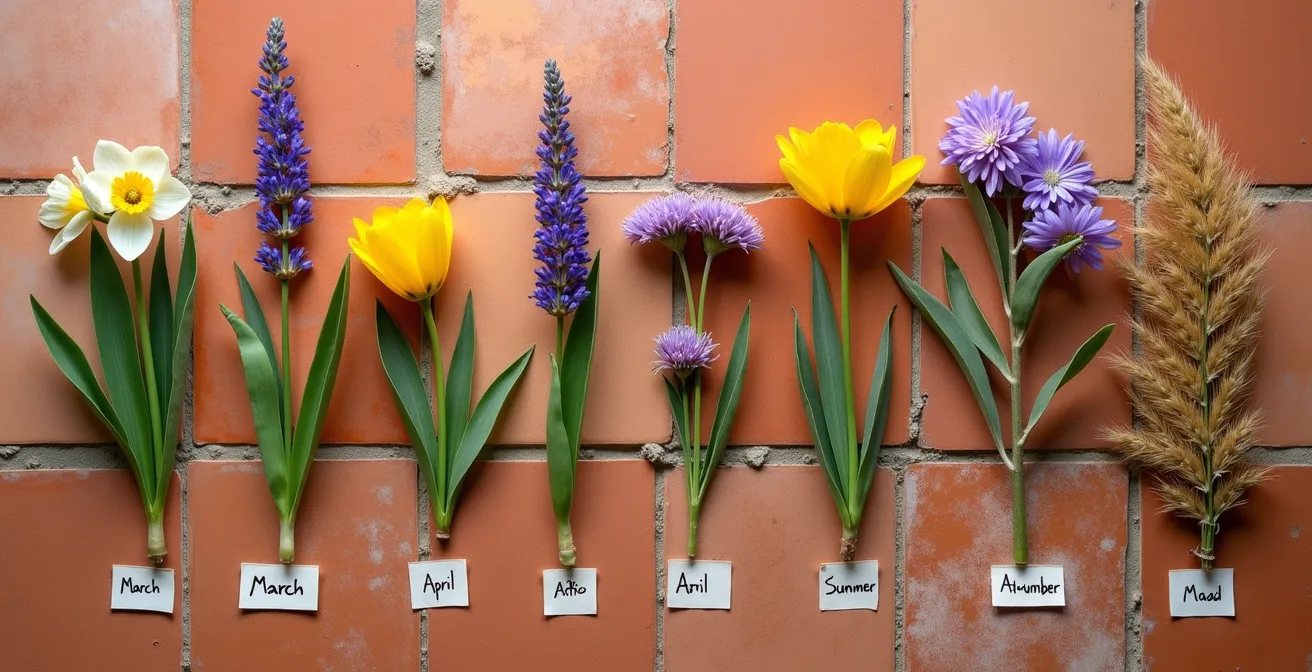 Diagrama visual de floración escalonada de plantas perennes mediterráneas de marzo a noviembre