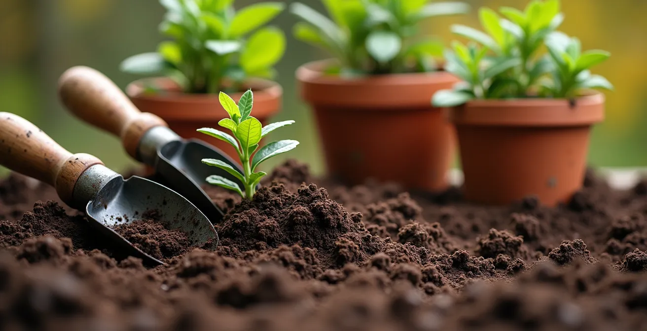 Herramientas de jardinería con plantas autóctonas españolas listas para plantar en otoño