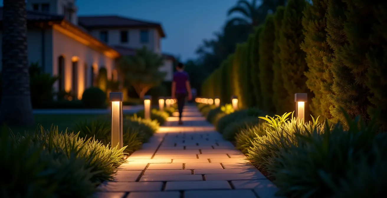 Sendero de jardín con balizas LED creando un camino de luz seguro y estético