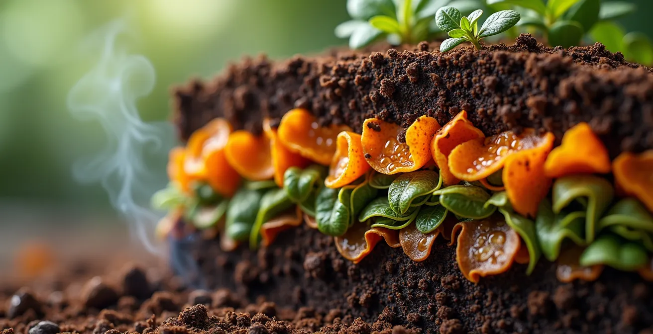 Vista lateral de compostador mostrando capas alternas de materiales verdes y marrones con textura visible