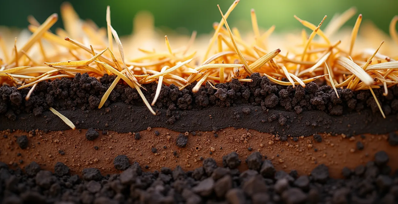 Corte transversal del suelo mostrando capas de acolchado orgánico con paja dorada, restos de poda triturados y materia orgánica en descomposición