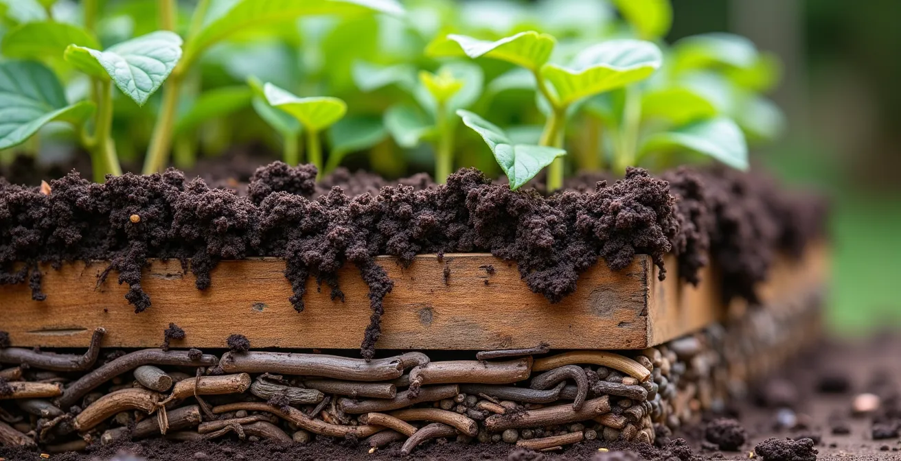 Corte transversal mostrando las capas de relleno de un bancal elevado con técnica Hügelkultur