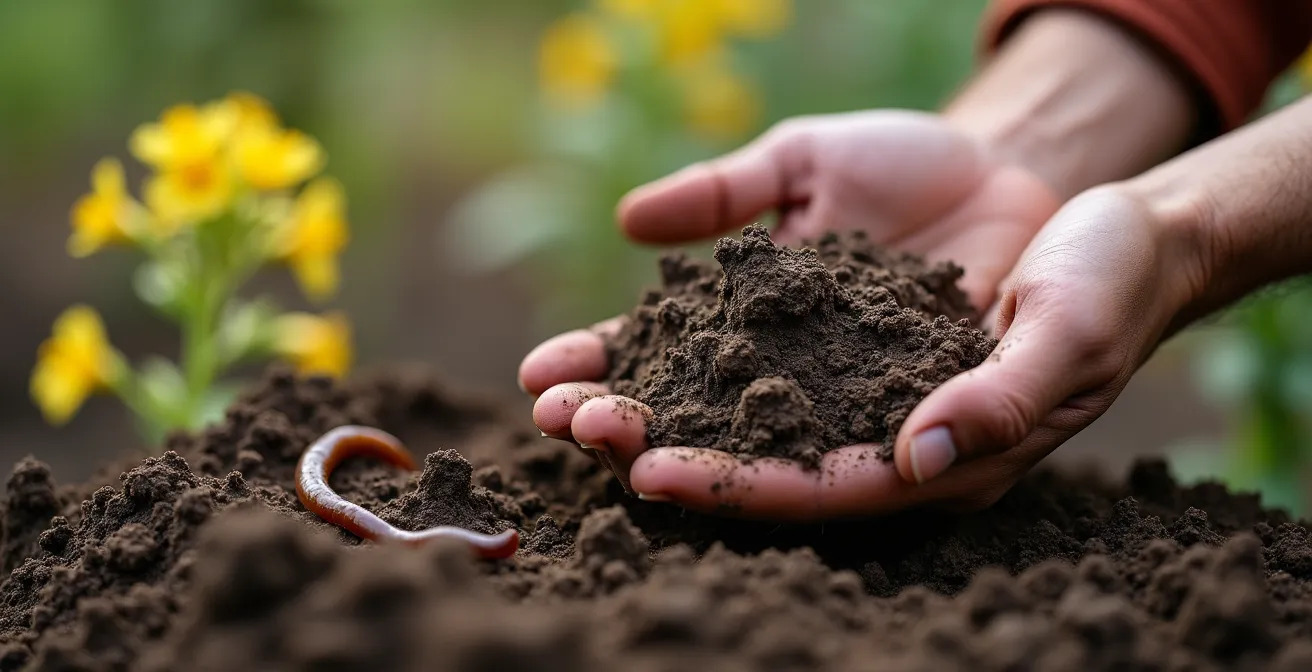 Mano de un jardinero sosteniendo un terrón de suelo gris, agrietado y compacto, símbolo de un suelo muerto.