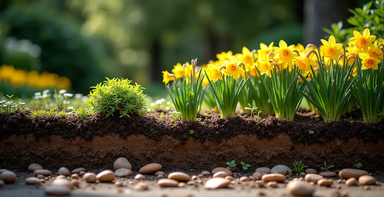 Vista detallada de la estratificación de plantas en un jardín español con bulbos, perennes y arbustos