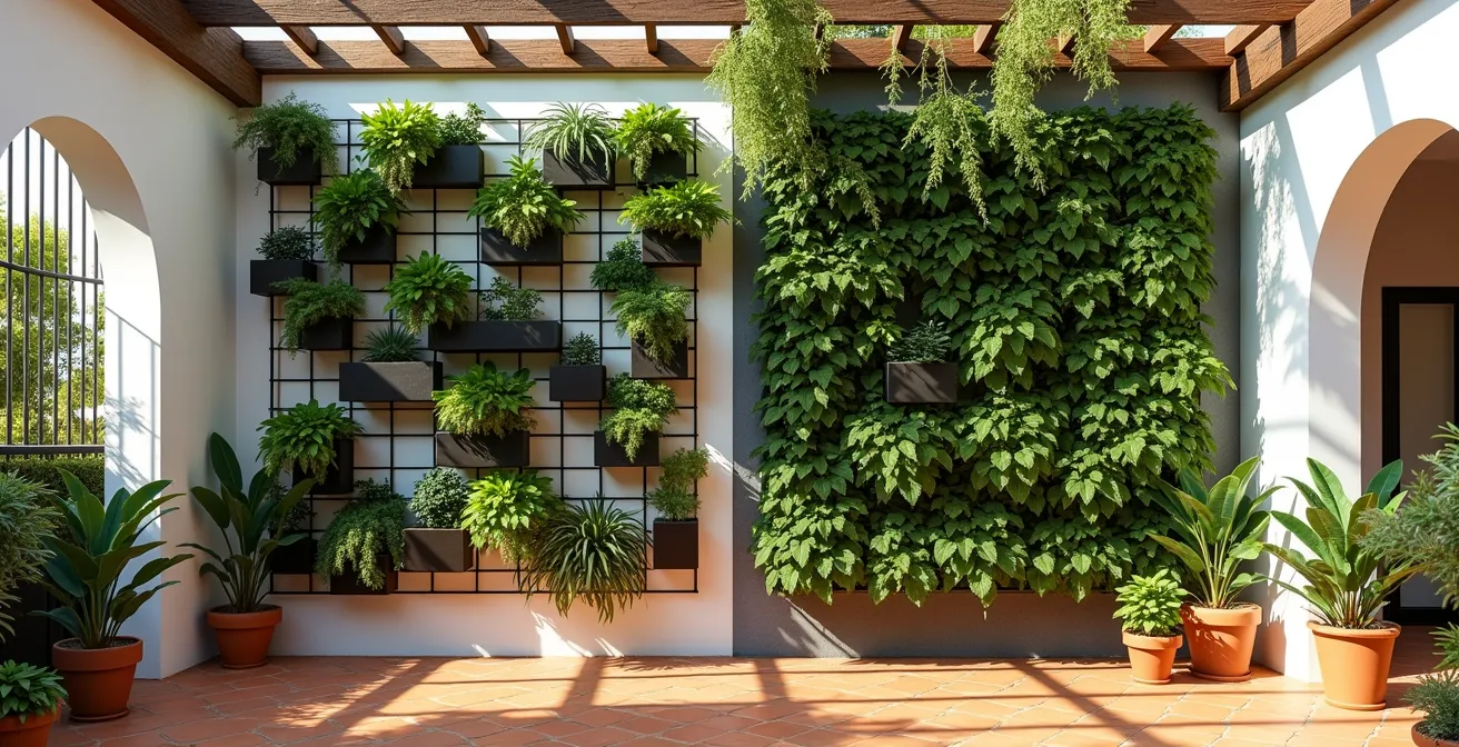 Comparación visual entre sistema modular y tradicional de muro verde en patio español