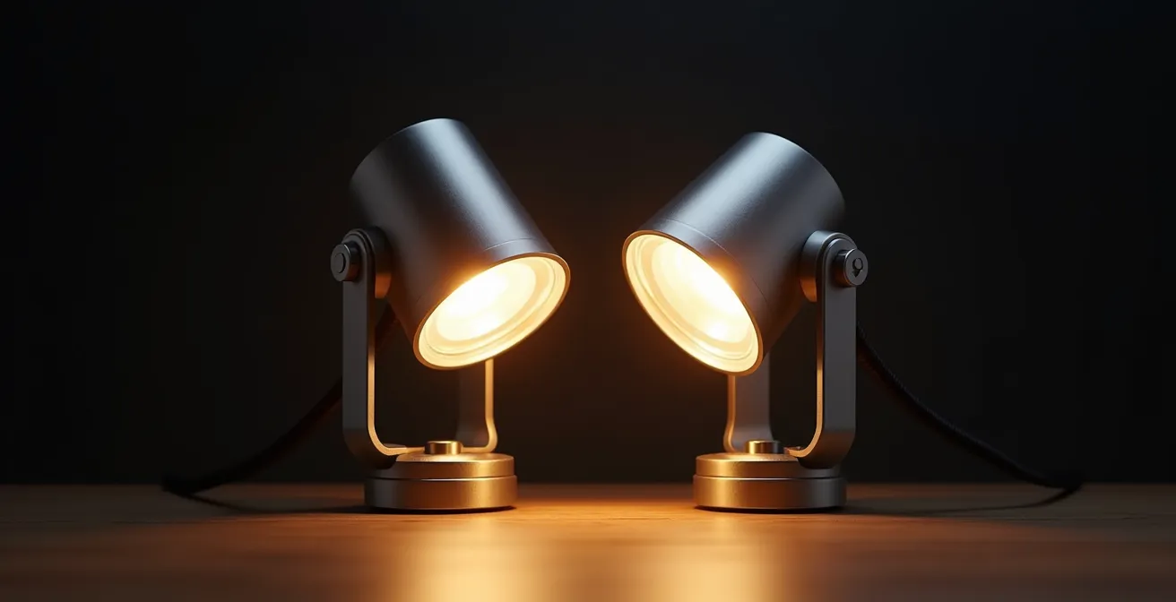 Comparación visual del consumo energético entre LED y halógena mediante representación abstracta