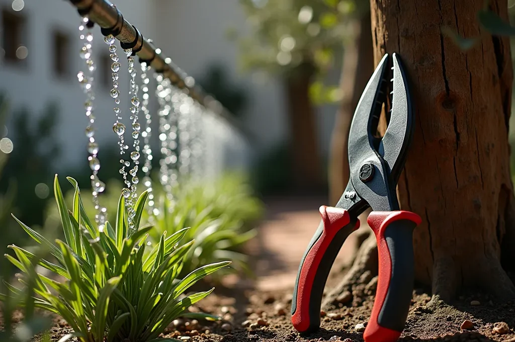 Vista aérea de jardín español mostrando zonas de riego automatizado y robot cortacésped