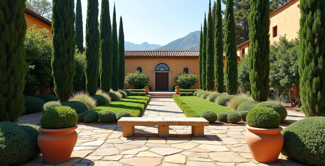 Vista en perspectiva de jardín mostrando la distribución en tercios con plantas de diferentes alturas