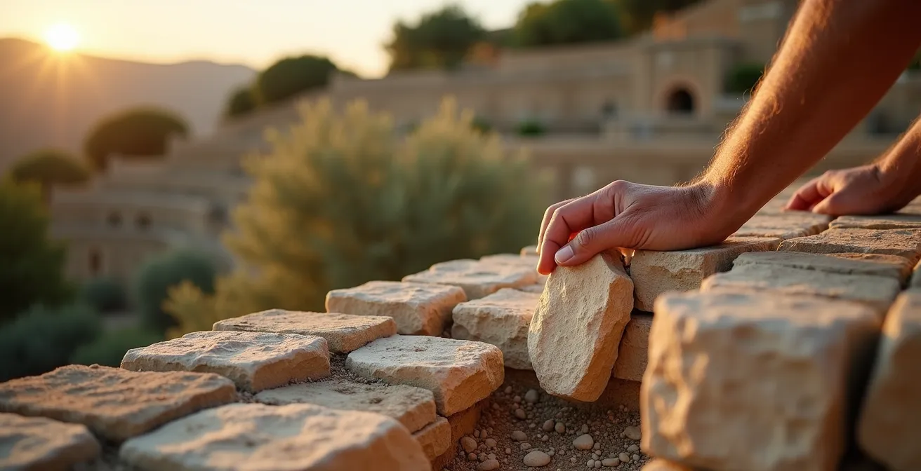 Construcción tradicional de bancales con técnica de piedra seca en paisaje mediterráneo