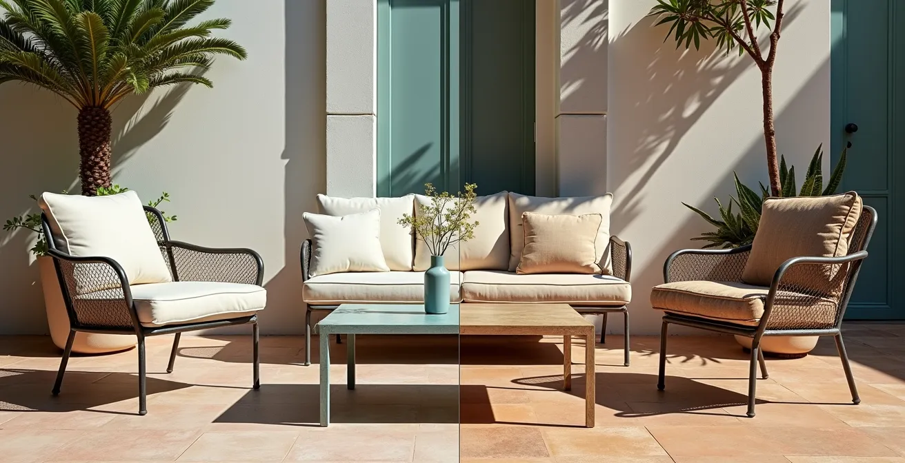 Comparación visual de muebles de jardín: uno nuevo de acero inoxidable y otro oxidado por la intemperie española