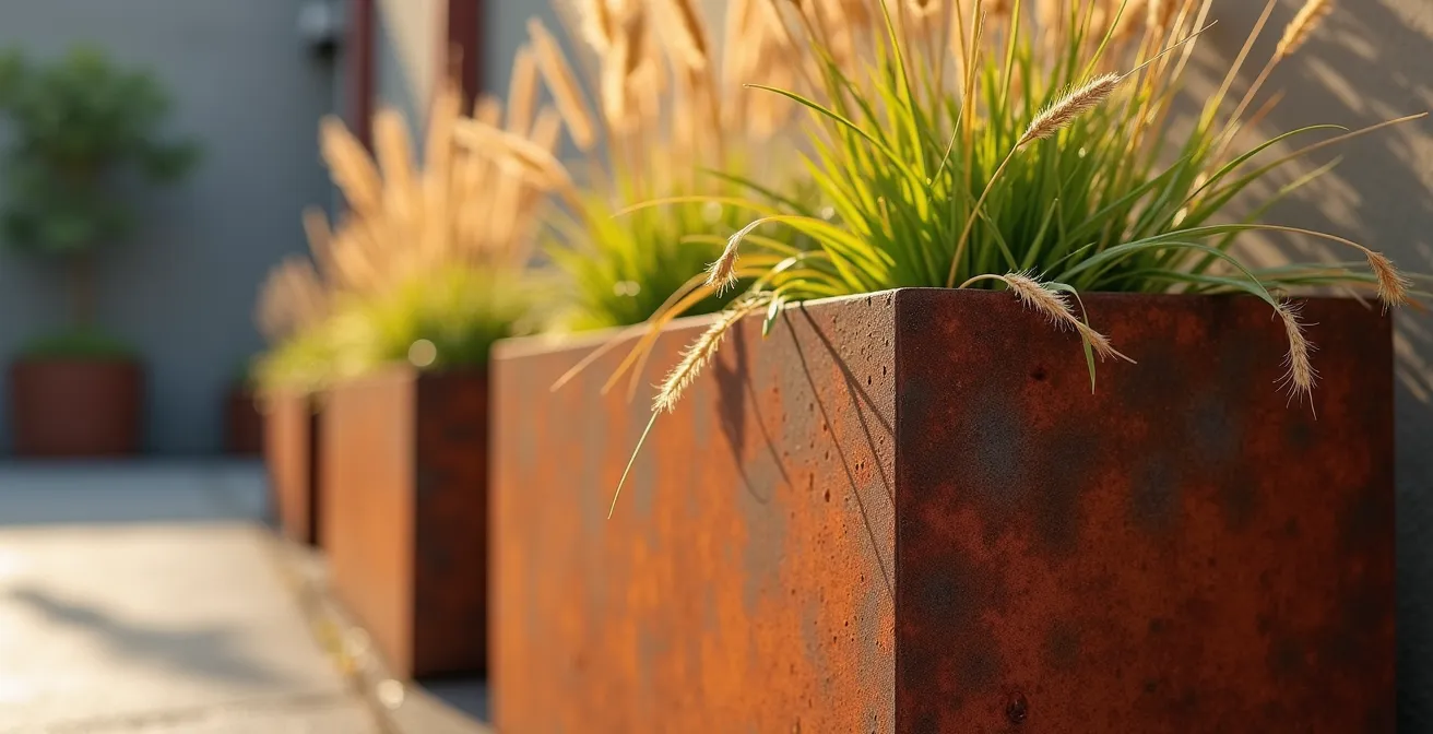 Jardinera de acero corten con gramíneas ornamentales creando un contraste cálido y textural.