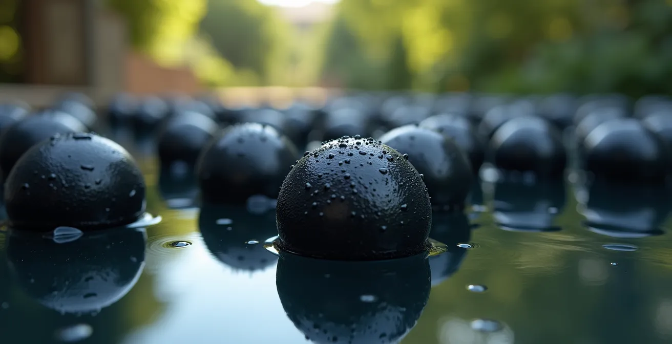 Depósito IBC con sistema de protección contra evaporación usando bolas de sombra