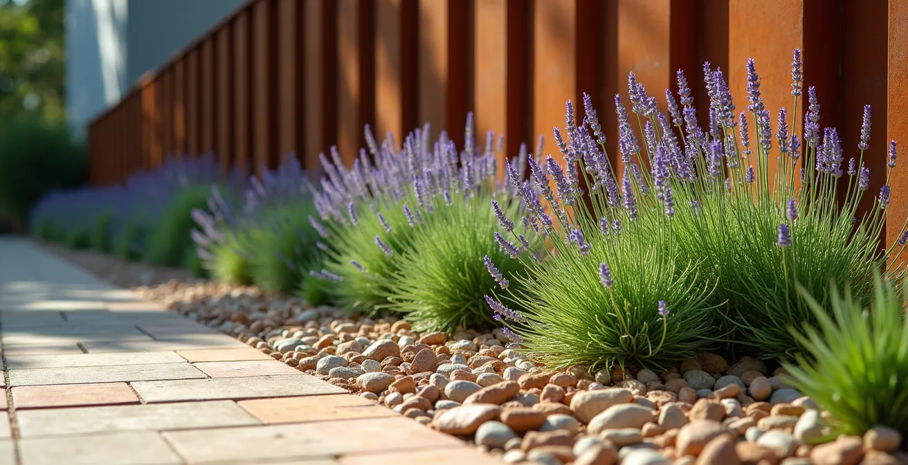 Diseño elegante de jardín con plantas autóctonas españolas, gaviones decorativos y mulching de vidrio reciclado