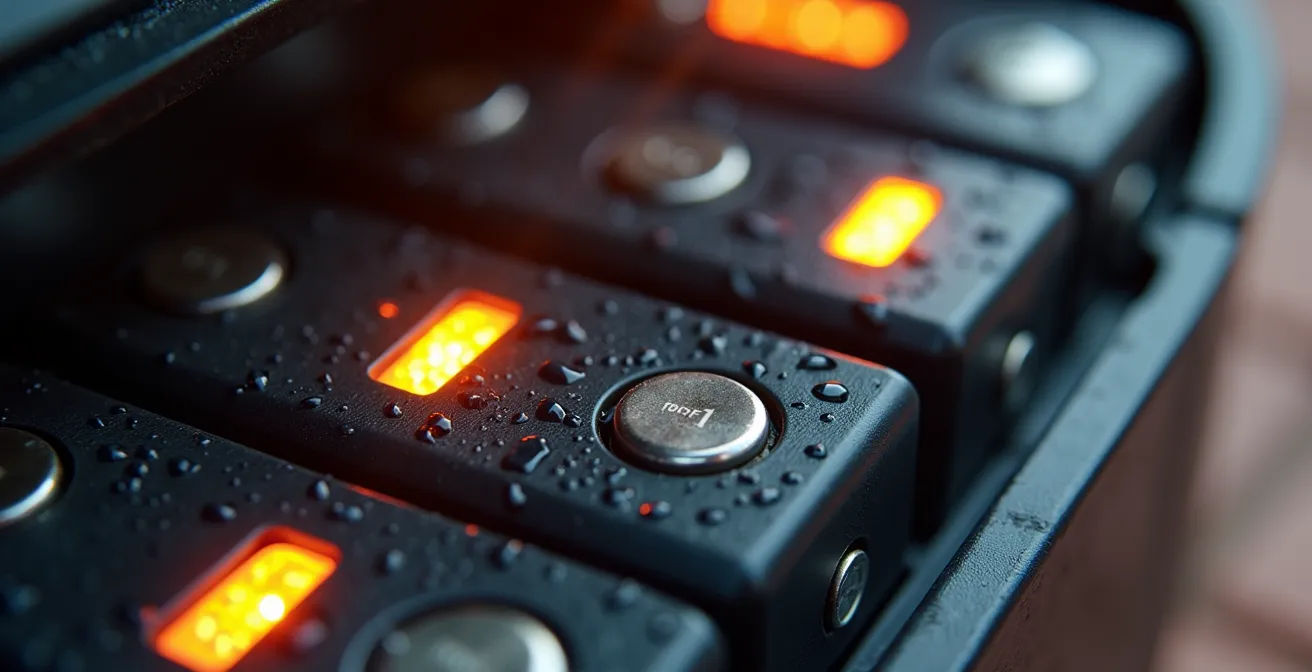 Estación de carga múltiple con baterías de herramientas de jardín en garaje español