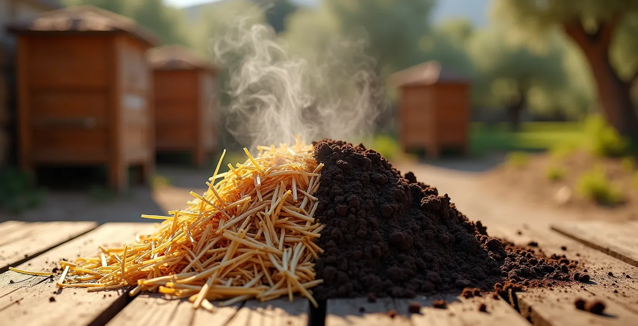 Comparación visual entre estiércol fresco a la izquierda y estiércol maduro compostado a la derecha.