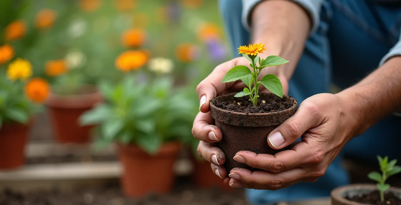 Campo de flores primaverales con caléndula, borraja, facelia y romero rastrero floreciendo en huerto español, con abejas y mariposas forrajeando