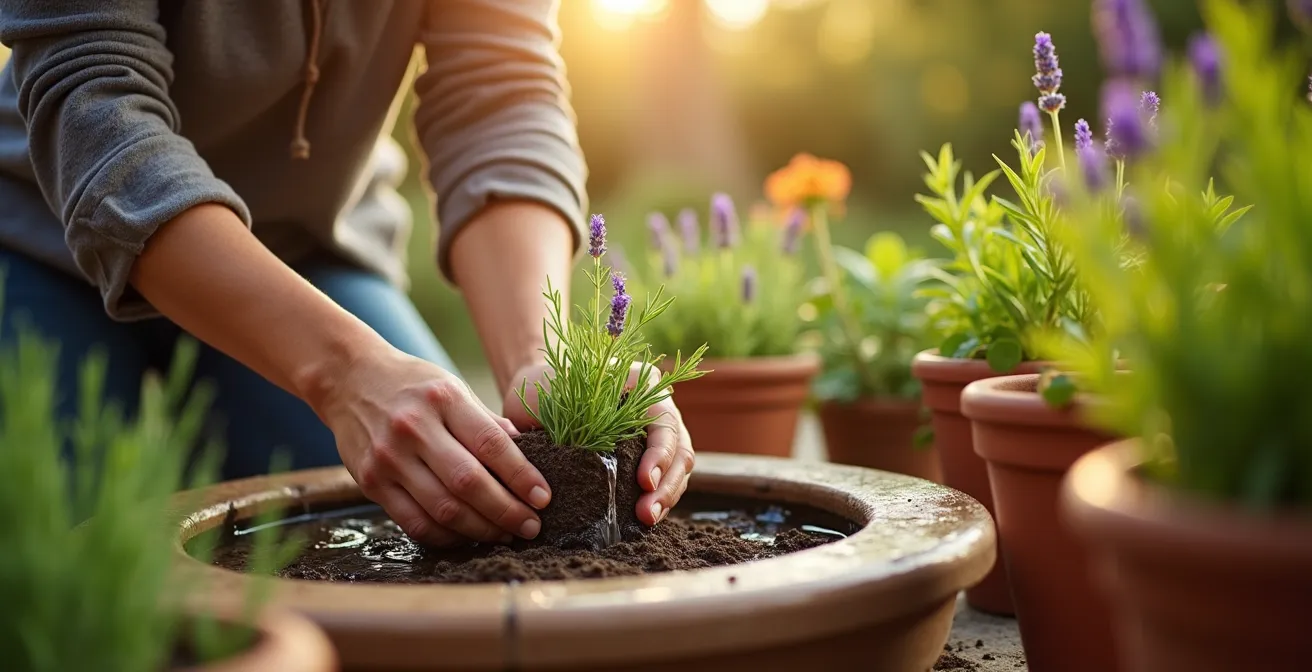 Fuente de jardín rodeada de plantas aromáticas antimosquitos como lavanda y romero