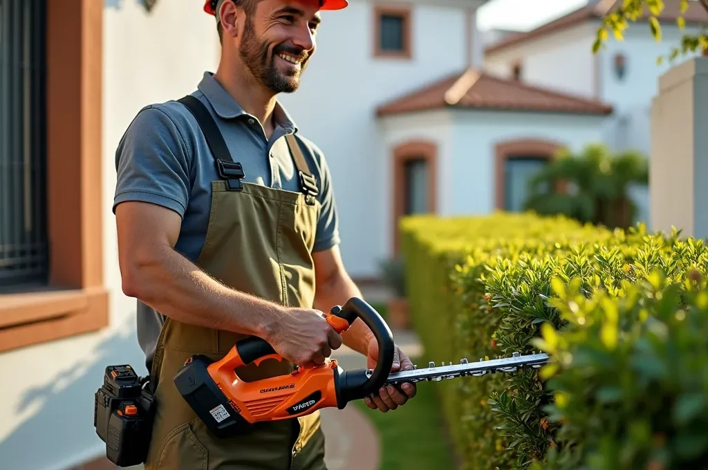 Jardinero usando un cortasetos eléctrico silencioso y ergonómico en un jardín residencial español, con una expresión de satisfacción.