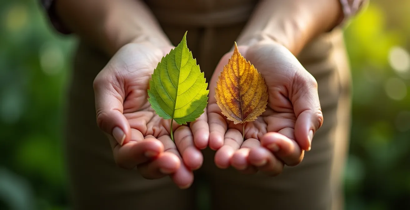 Comparación visual entre hojas marchitas por calor y por sequía real
