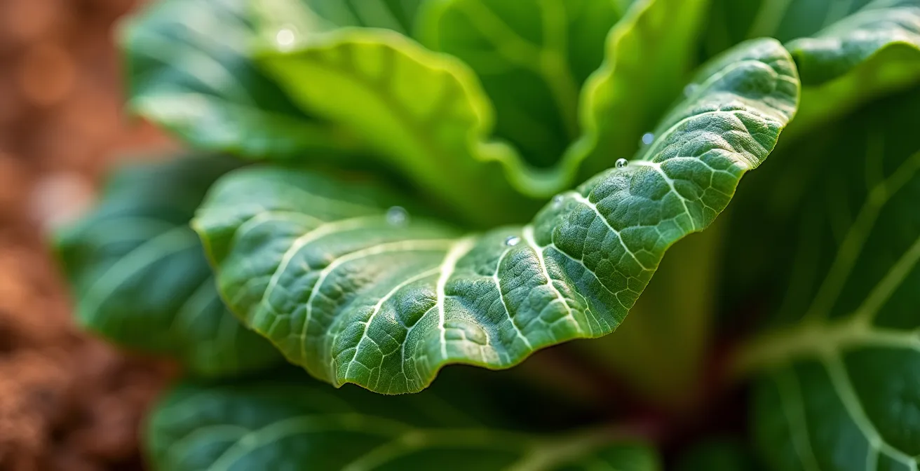 Vista macro de hojas de acelga con gotas de rocío mostrando su textura resistente