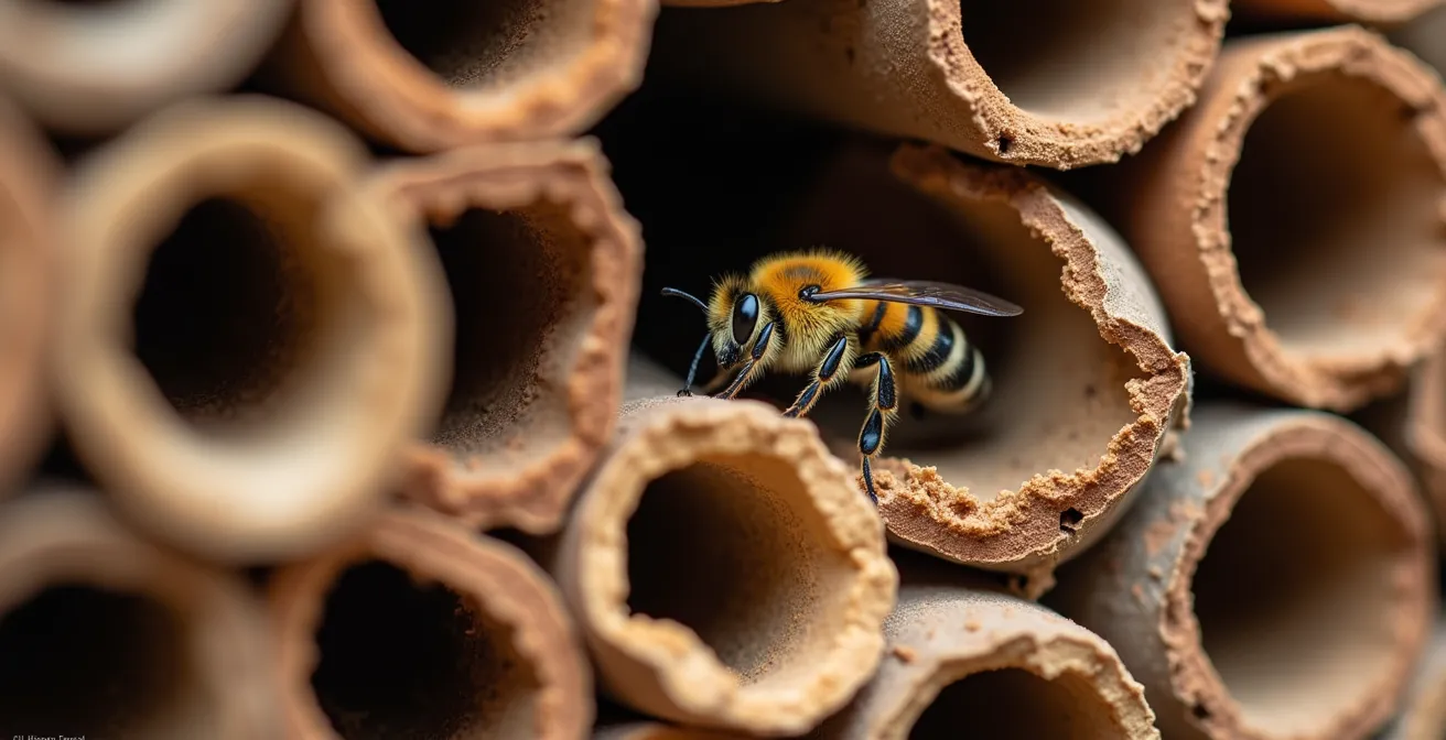 Hotel de insectos construido con cañas comunes, piñas de pino piñonero y bloques de adobe locales en jardín mediterráneo español