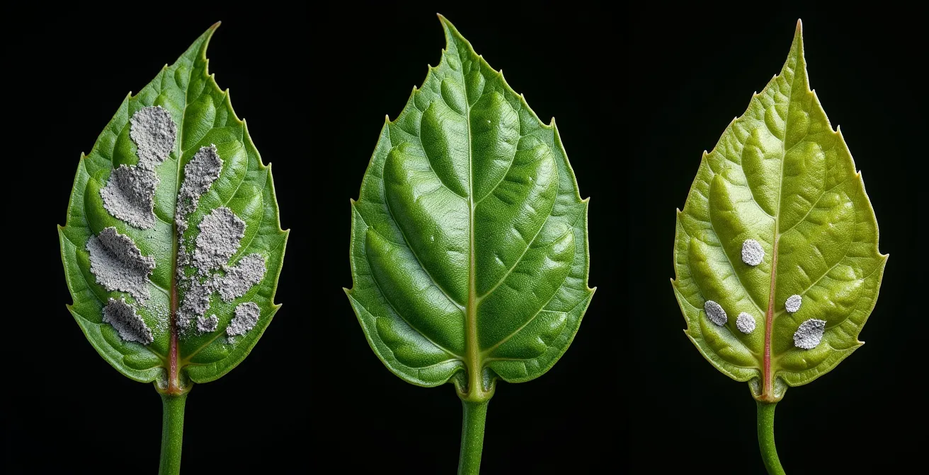 Comparación visual de síntomas de mildiu, oídio y bacteriosis en hojas de tomate