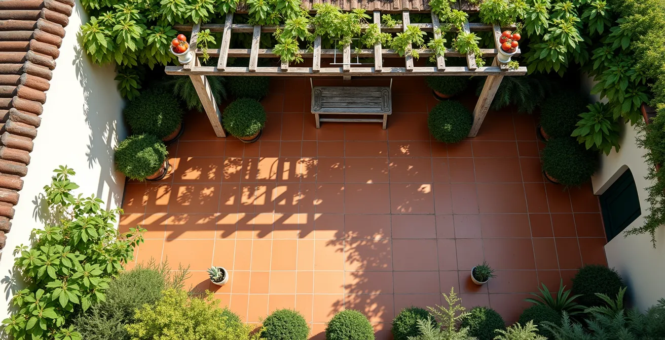 Vista aérea de jardín pequeño mostrando zonificación vertical y horizontal con pérgola central
