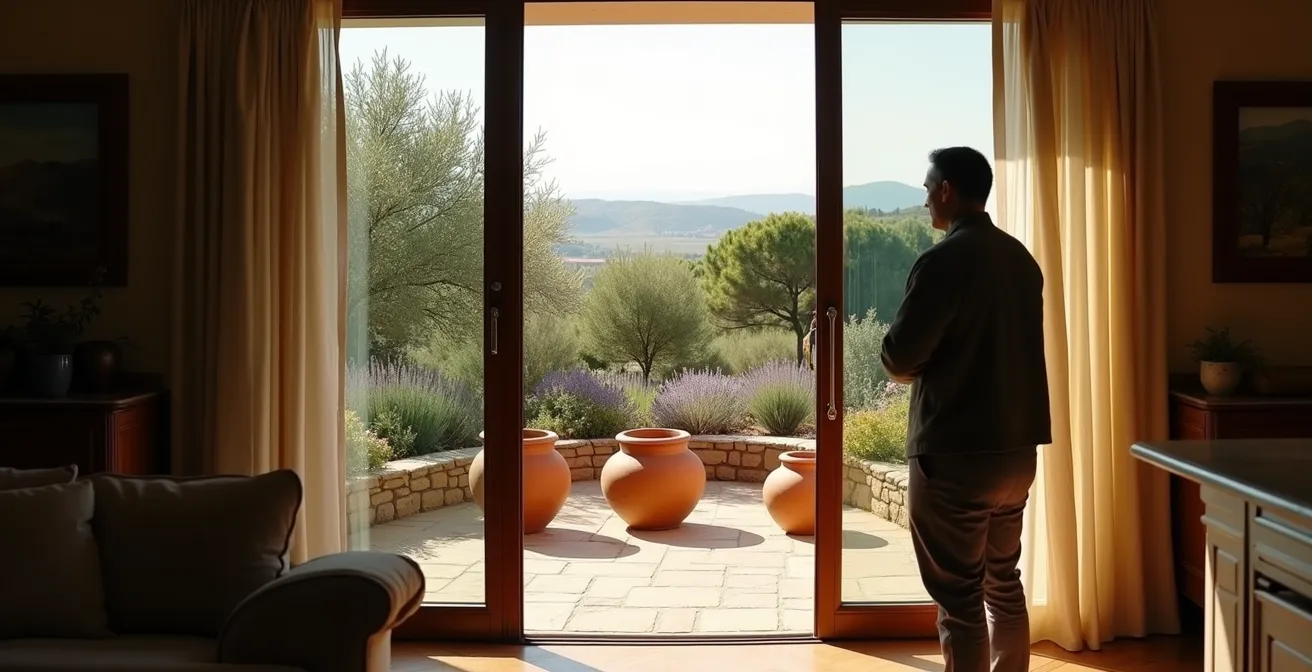 Vista desde el interior de un salón español hacia un jardín con tres macetas de diferentes tamaños siguiendo la regla de los impares