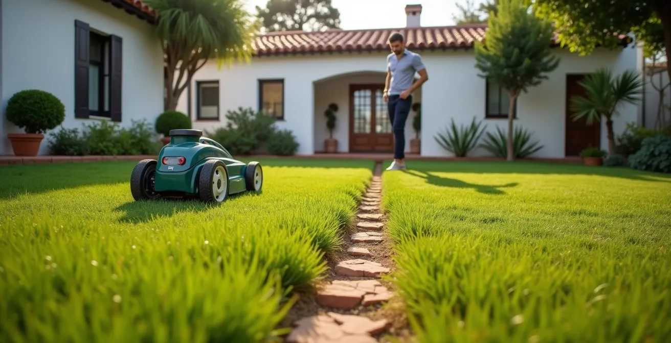 Jardín español con césped a medio cortar mostrando contraste entre zona cortada y sin cortar