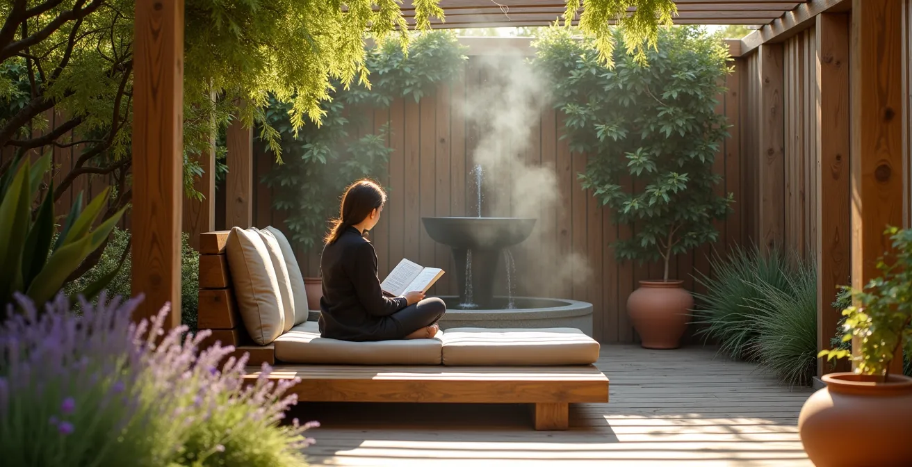 Rincón acogedor en un jardín minimalista con una fuente de agua, un banco de madera y texturas vegetales naturales.