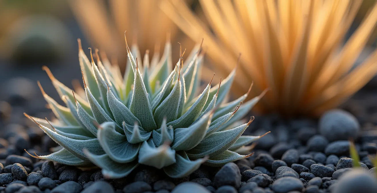 Jardín mediterráneo seco con gramíneas, plantas grises y gravas decorativas