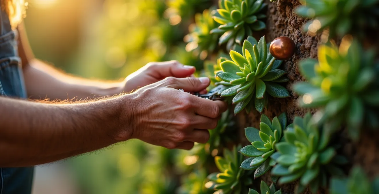Manos cuidando plantas de muro verde con herramientas de jardinería