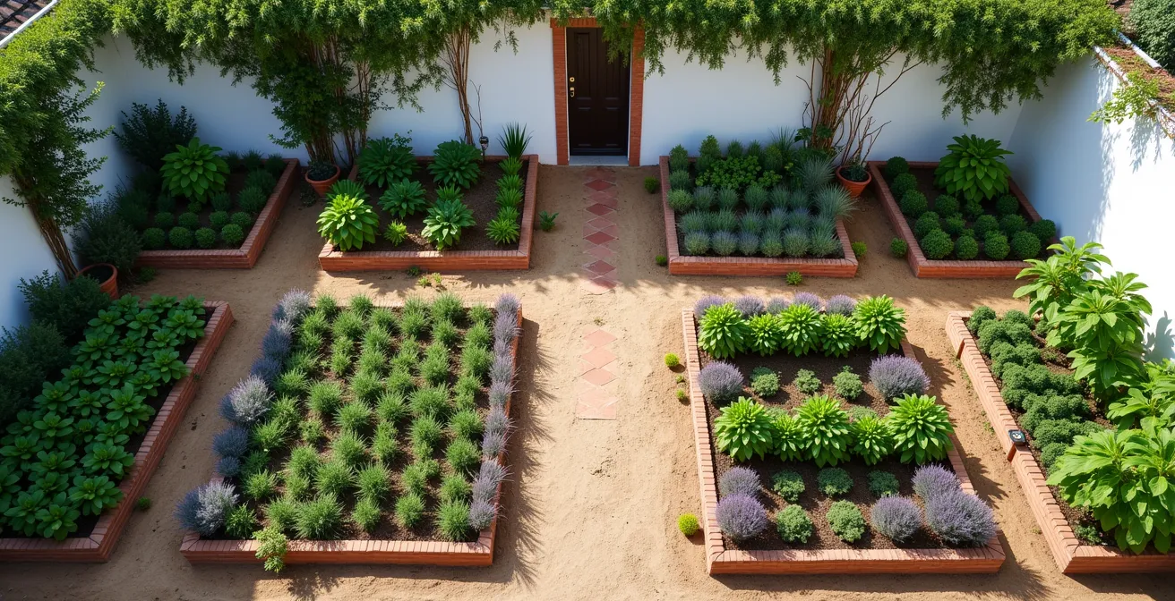 Diseño esquemático de huerto español con barreras de plantas aromáticas entre bancales