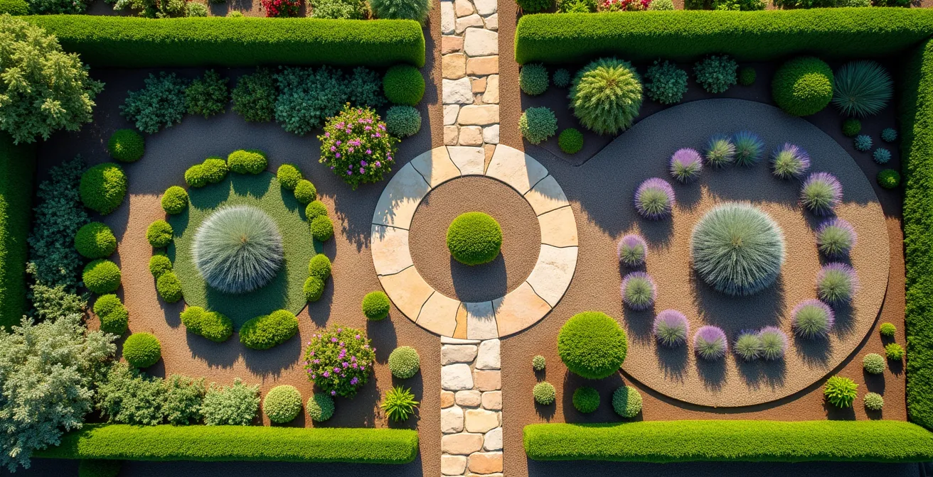 Vista aérea de un jardín dividido en tres zonas hídricas con diferentes tipos de plantas mediterráneas