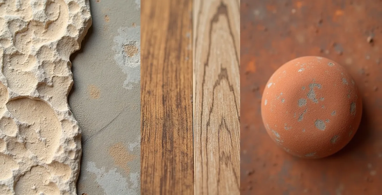 Vista macro detallada de tres materiales mediterráneos típicos: piedra de marés balear, madera de sabina y terracota catalana