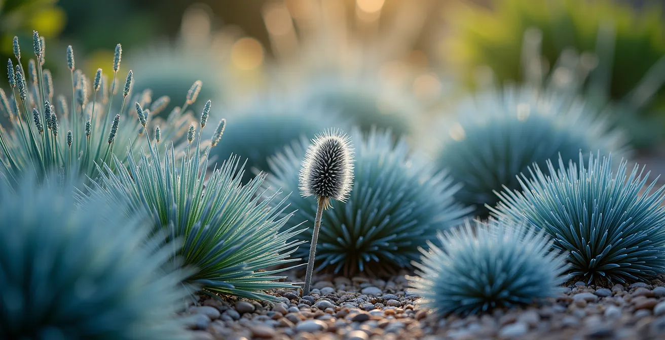 Vista aérea de jardín mediterráneo mostrando distribución en matriz de gramíneas y perennes con flores