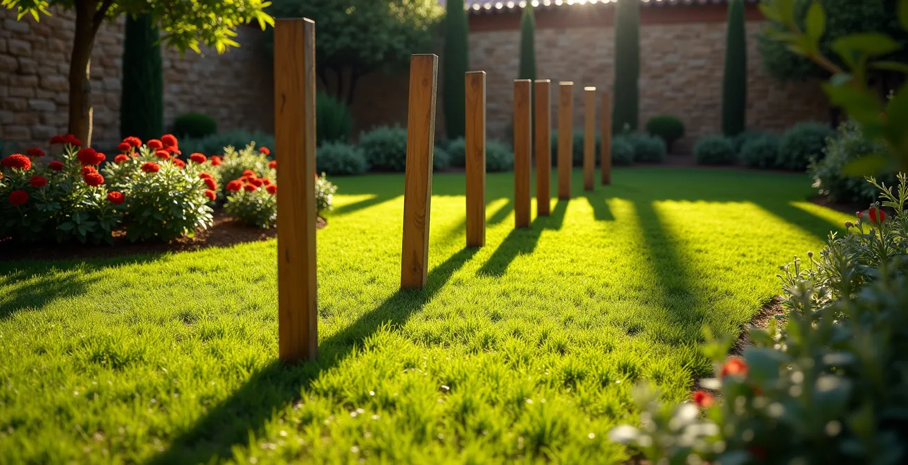 Jardín con estacas marcadoras mostrando sombras en diferentes momentos del día