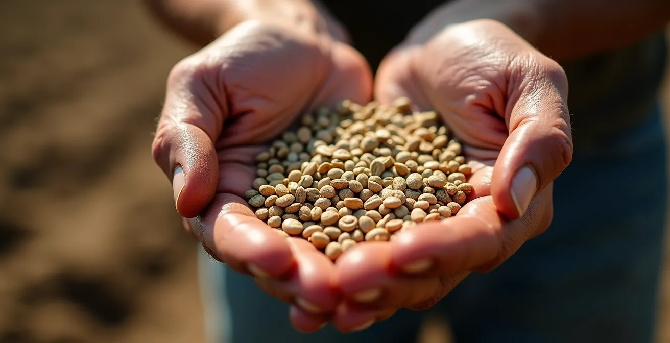 Mezcla de semillas de veza, avena y rábano forrajero para abono verde en mano de agricultor