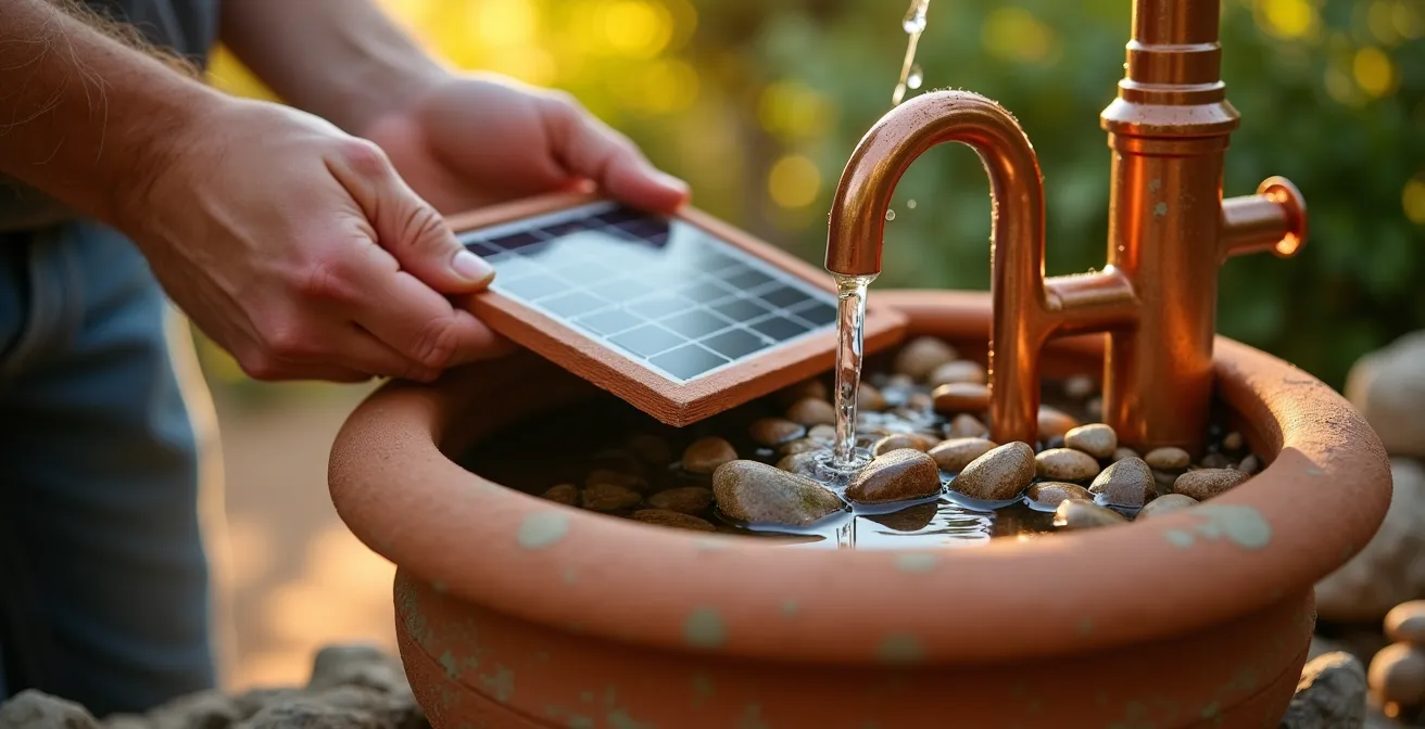 Montaje paso a paso de fuente solar casera con tinaja de barro y panel fotovoltaico
