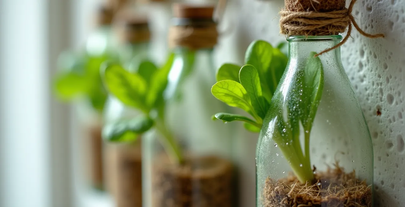 Jardín vertical casero hecho con botellas de plástico recicladas en pared blanca encalada