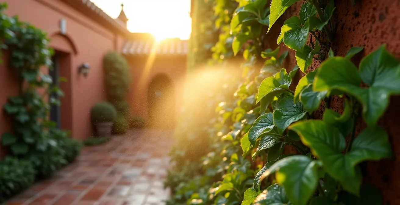 Detalle de muro verde en fachada mostrando sistema de evapotranspiración con gotas de agua