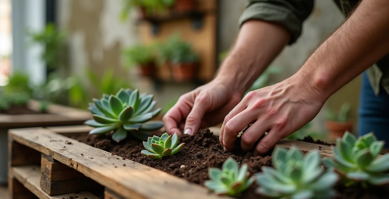 Jardín vertical DIY construido con palets reciclados en pared urbana