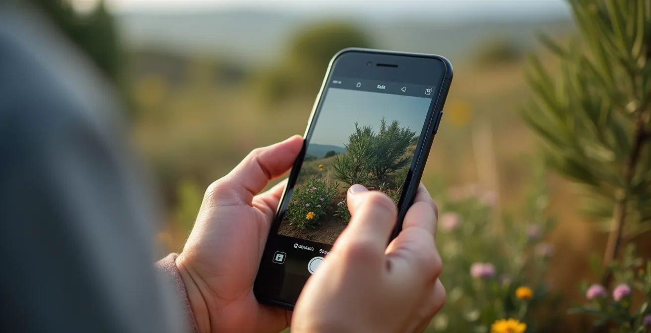 Persona fotografiando plantas silvestres en campo español para identificación botánica