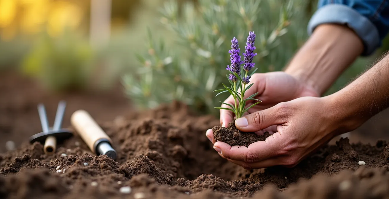 Jardinero plantando lavanda y romero en otoño con herramientas tradicionales en suelo mediterráneo preparado