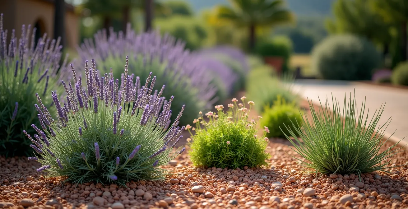 Composición de plantas mediterráneas autóctonas en jardín seco con lavanda, romero y gramíneas ornamentales