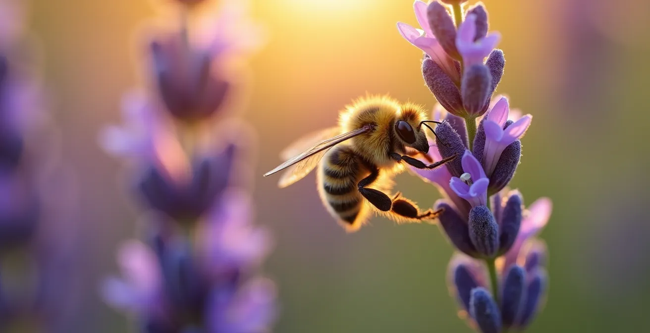 Abejorro y abeja solitaria sobre flores de lavanda en huerto mediterráneo al atardecer