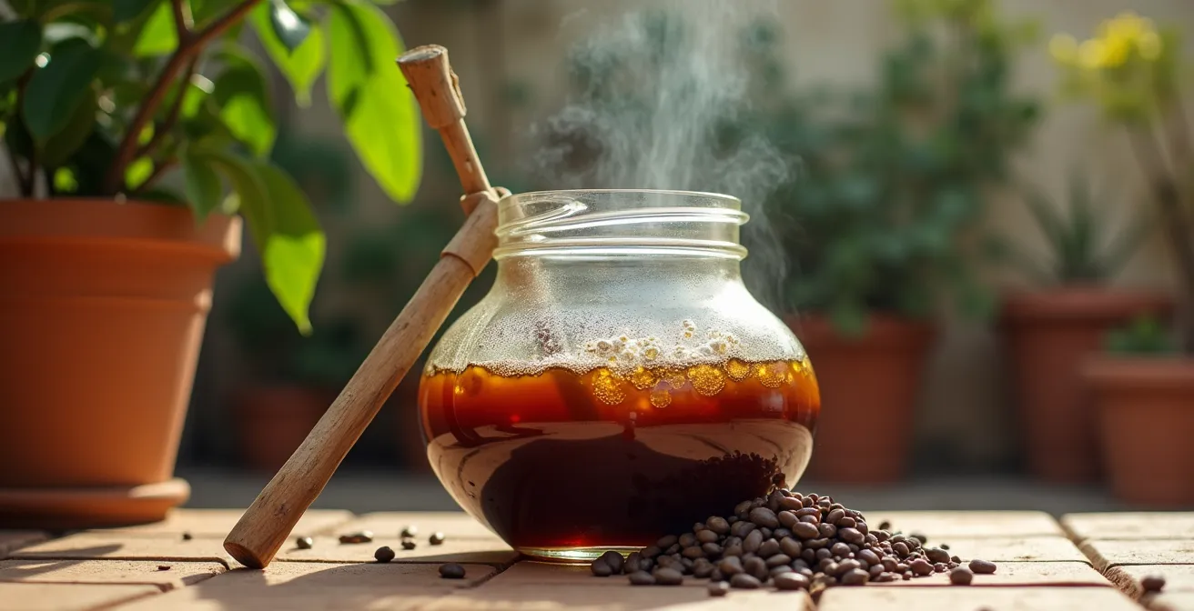 Sistema casero de preparación de té de compost con bomba de oxigenación y burbujas visibles