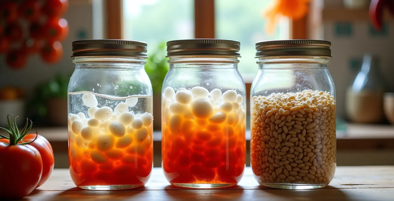 Frascos de cristal mostrando las etapas de fermentación de semillas de tomate